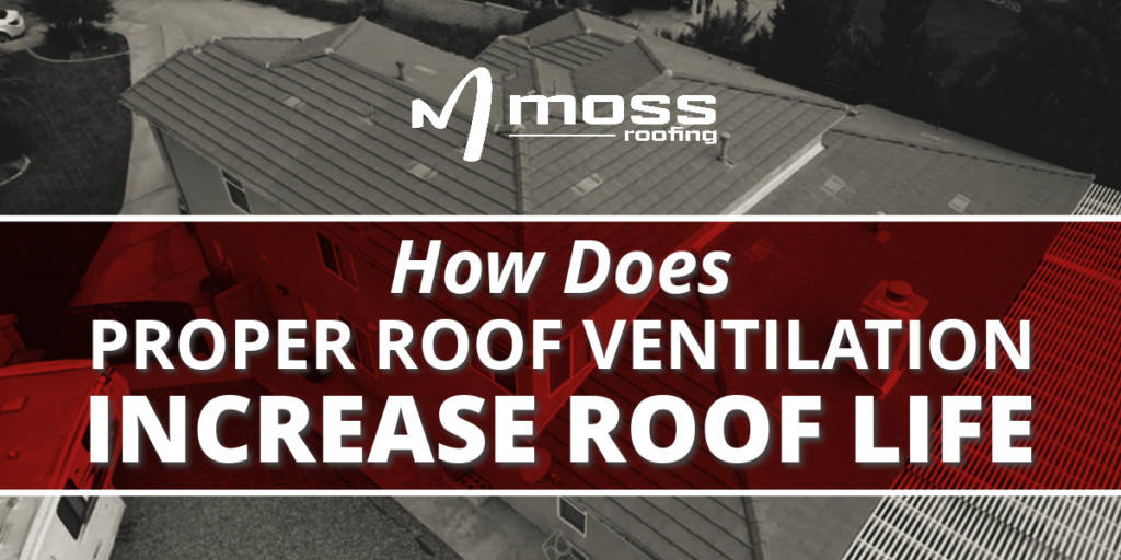 Overhead look of the roof of a house and text How Does Proper Roof Ventilation Increase Roof Life