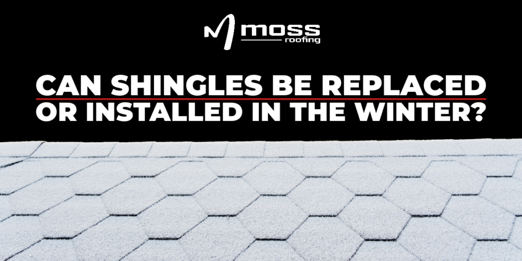 Gray hexagon shingles with text: Can Shingles Be Replaced or Installed in the Winter?