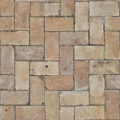 Herringbone brick paver pattern showing traditional rectangular pavers in warm tan and brown tones