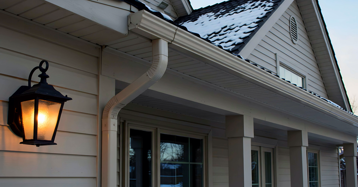 A house with snow on the roof and featured siding with an outdoor lantern on the front.