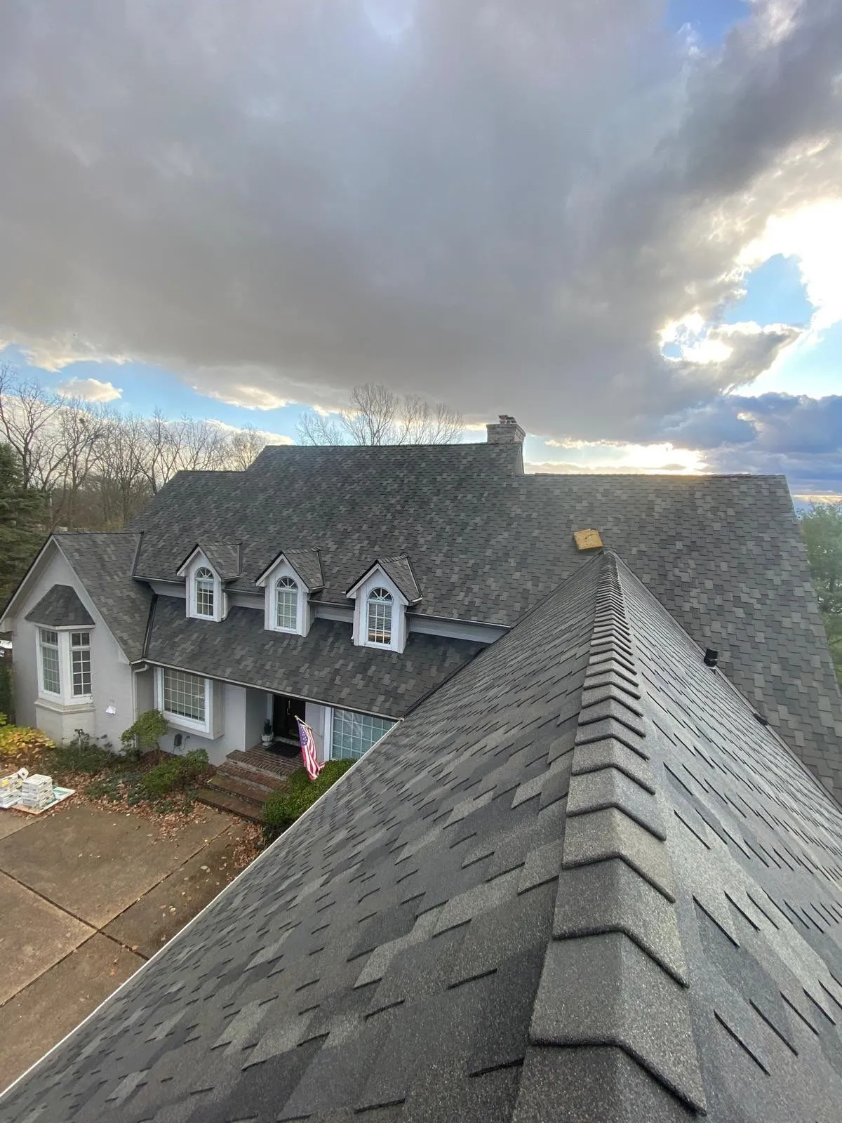 Roof top image of a new asphalt shingle roof installation in Indianapolis
