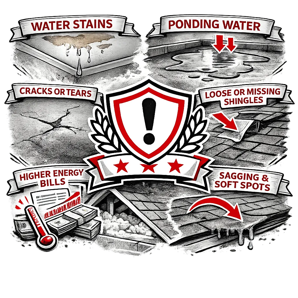 Watch for these warning signs: Water stains on ceilings or walls Ponding water that doesn't drain within 48 hours (for flat/low-sloped roof systems) Visible cracks, tears, or punctures Loose or missing flashing Higher energy bills from poor insulation Sagging sections or soft spots