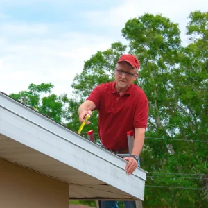 Contractor inspecting roof as a part of spring roof maintenance.