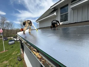 During metal roof installation on porch/deck