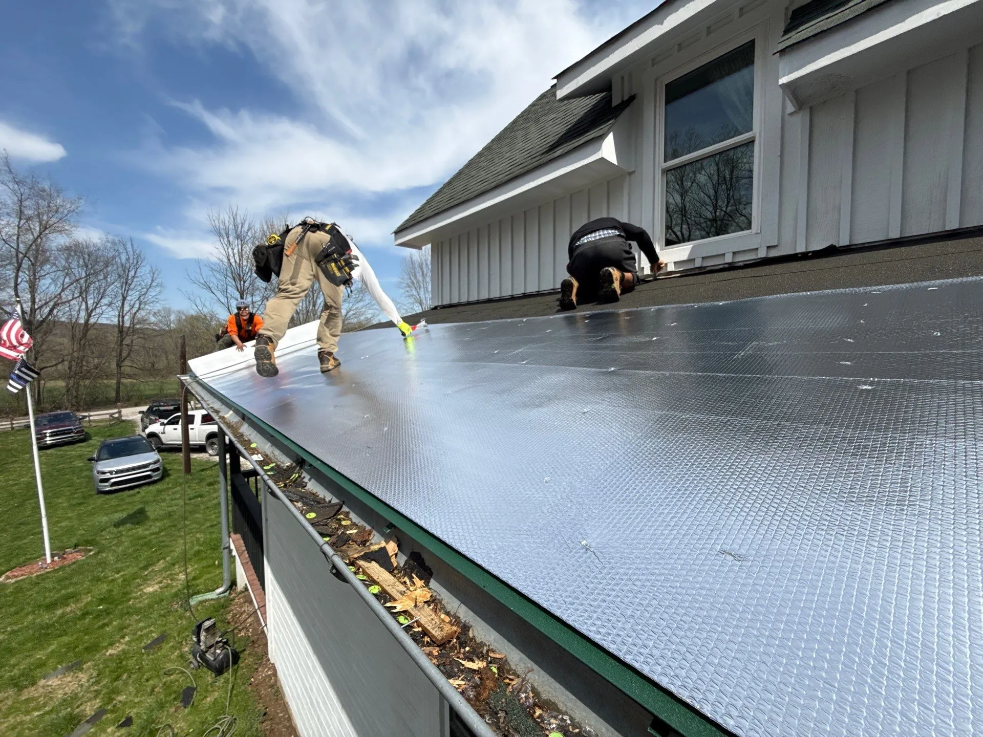During metal roof installation on porch/deck