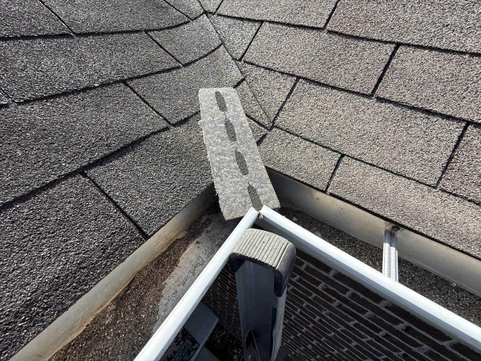 lifted shingles, loose shingles around gutter before roof replacement. Found during inspection