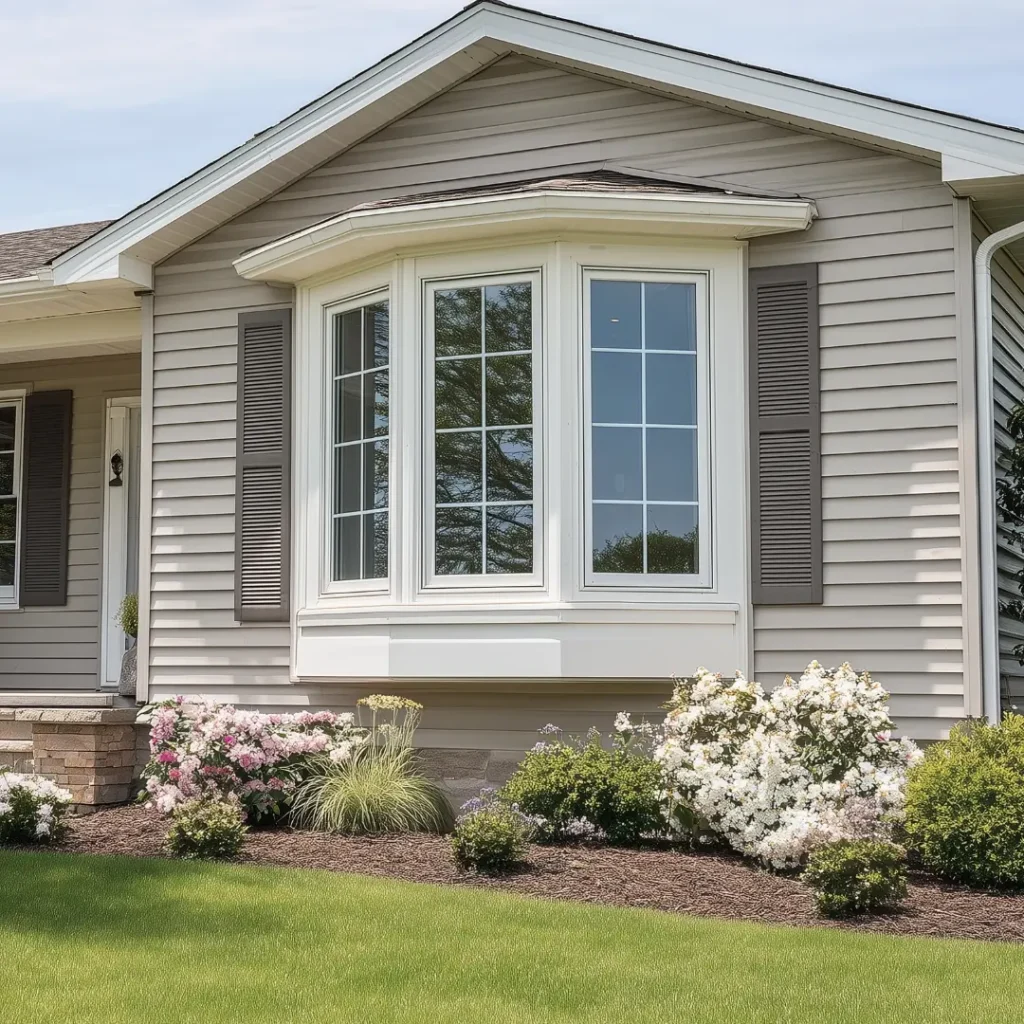 Vinyl siding replacement on a home beside a bay window.