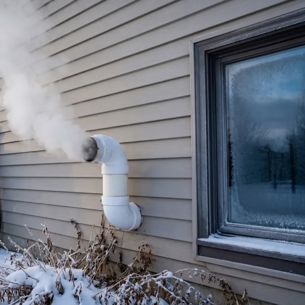 Vinyl siding on a house in the winter with a dryer venting out steam and snow on the ground.