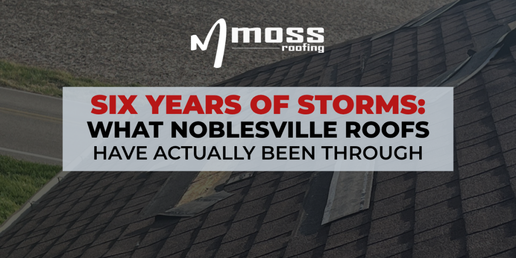 Hail-damaged asphalt shingles showing granule loss on a Noblesville storm damage roof