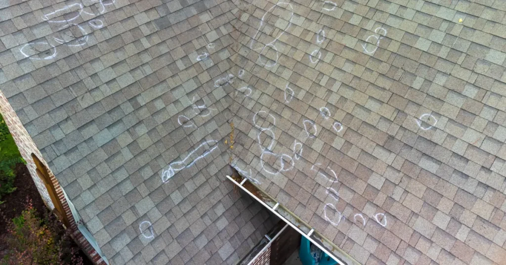 Shingle roof with hail damage circled in chalk by the insurance adjuster