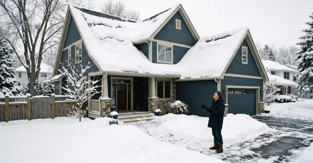 Snow on a roof during an Indiana winter. Man outside wondering whether the hail damage to the roof will be made worse by the snow.