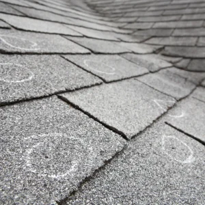 Hail damage on a shingle roof indicated by chalked circles around the divots in the shingles.