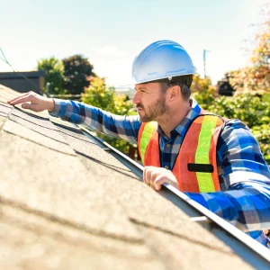 Roofing contractor inspecting a hail damaged roof.